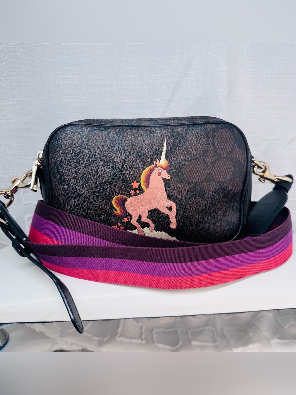 Coach Jes Crossbody 20 In Signature Canvas With Unicorn Leather C1303 Rare-GUC